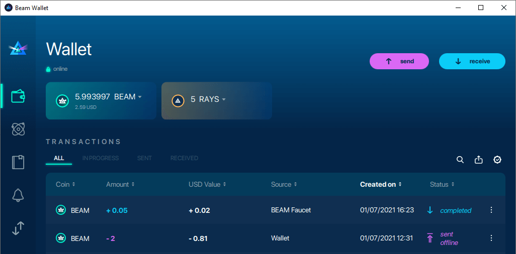 Example of RAYS confidential asset in Beam Wallet