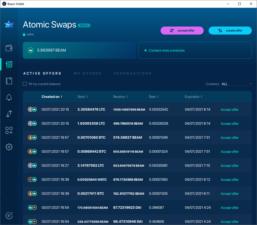 Screenshot of Atomic Swap marketplace in Beam wallet